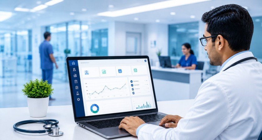 Hospital Management Software in Kolkata — CognitiSoft HMS dashboard used by doctors and hospital administrators in West Bengal for OPD, IPD, billing, pharmacy, and EMR management